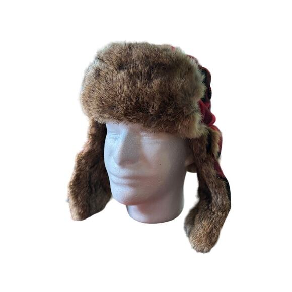 Mad Hatter winter Bomber hat Hunter plaid red and black rabbit fur trim sz M - Picture 1 of 9